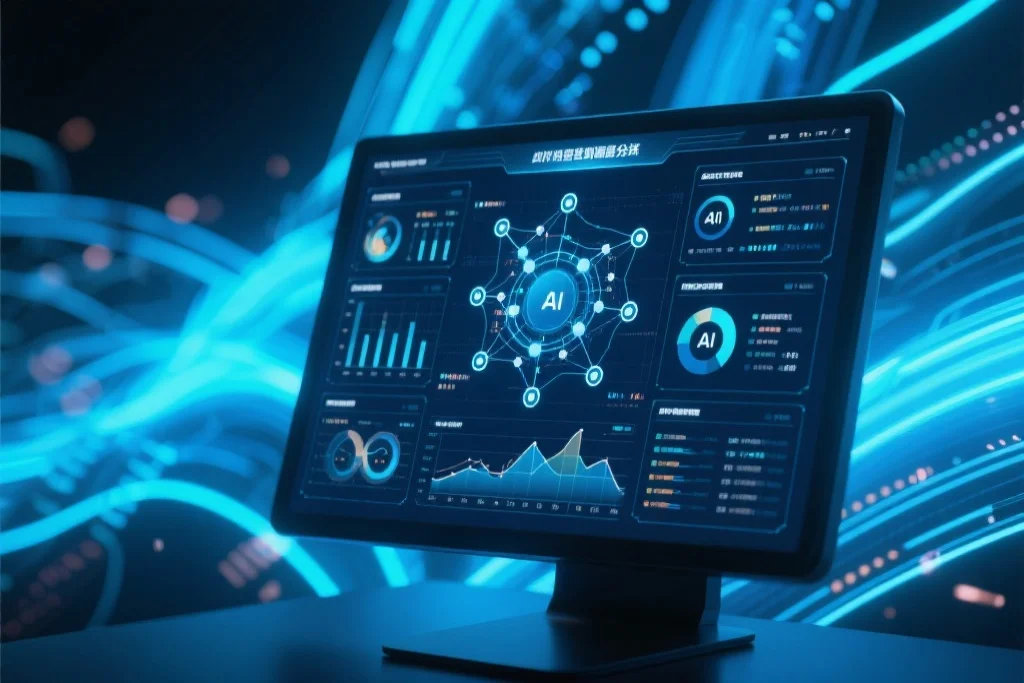 未来感的数字仪表板展示实时数据可视化和AI分析结果